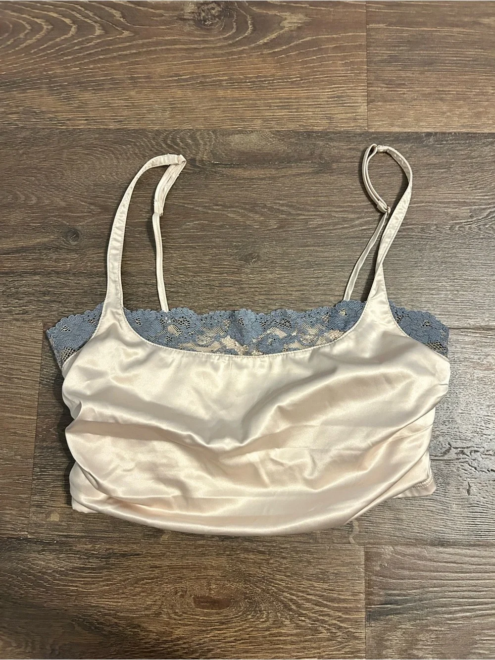 Free People Satin Cream Bandeau Cami with Blue Lace Trim